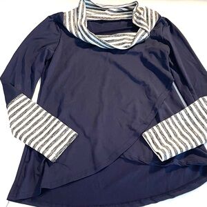 Amazon Navy Long Sleeve Cowl Neck Top with Striped Trim